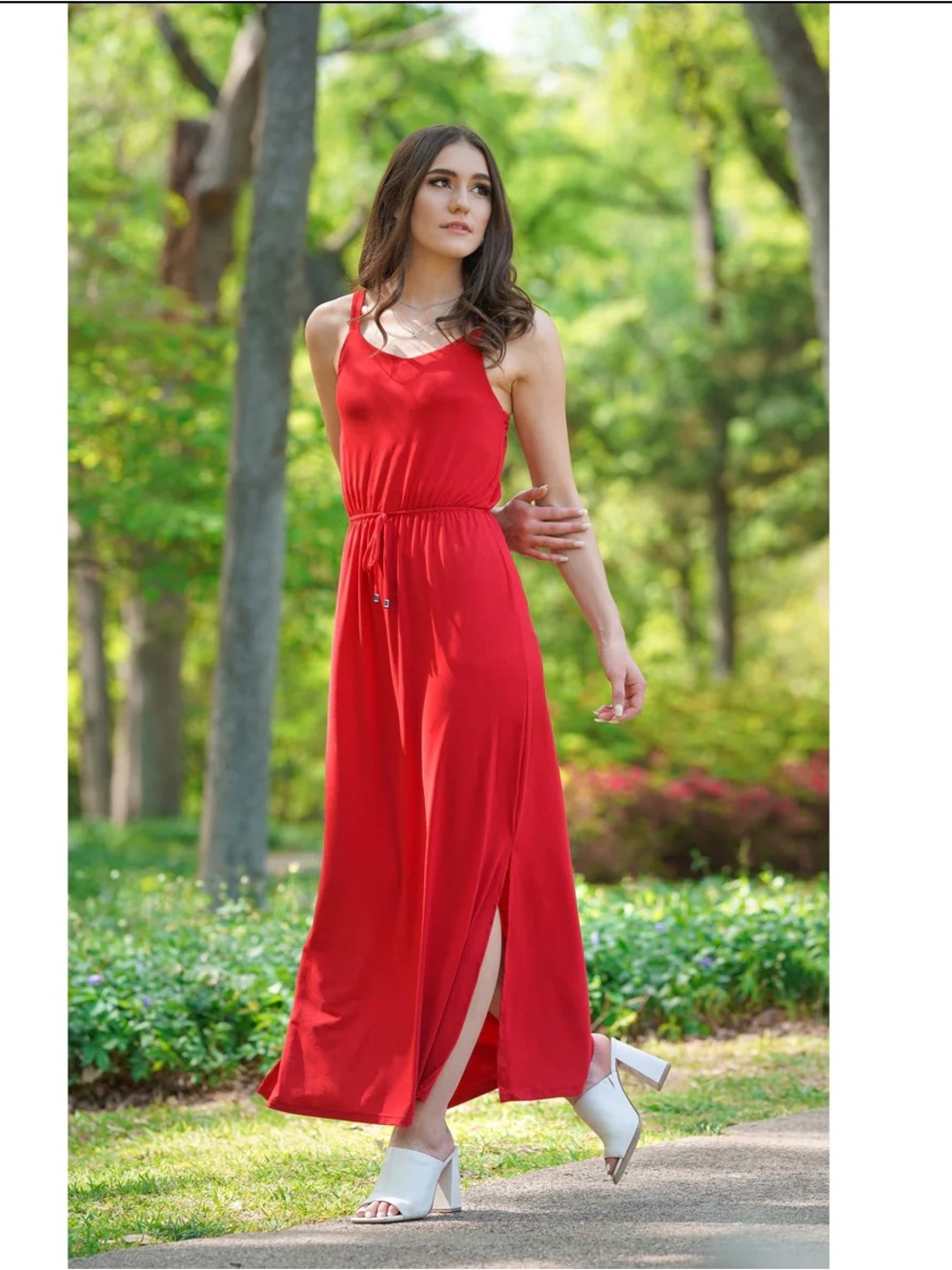 Red Sleeveless Maxi Dress with Drawstring Waist